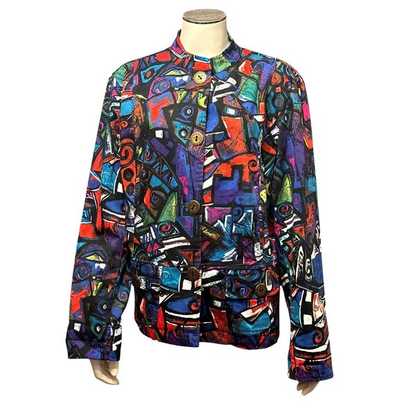 Chicos Abstract Print Jacket Button Front Colorful Artsy Statement Shacket SZ 2 - Picture 1 of 9